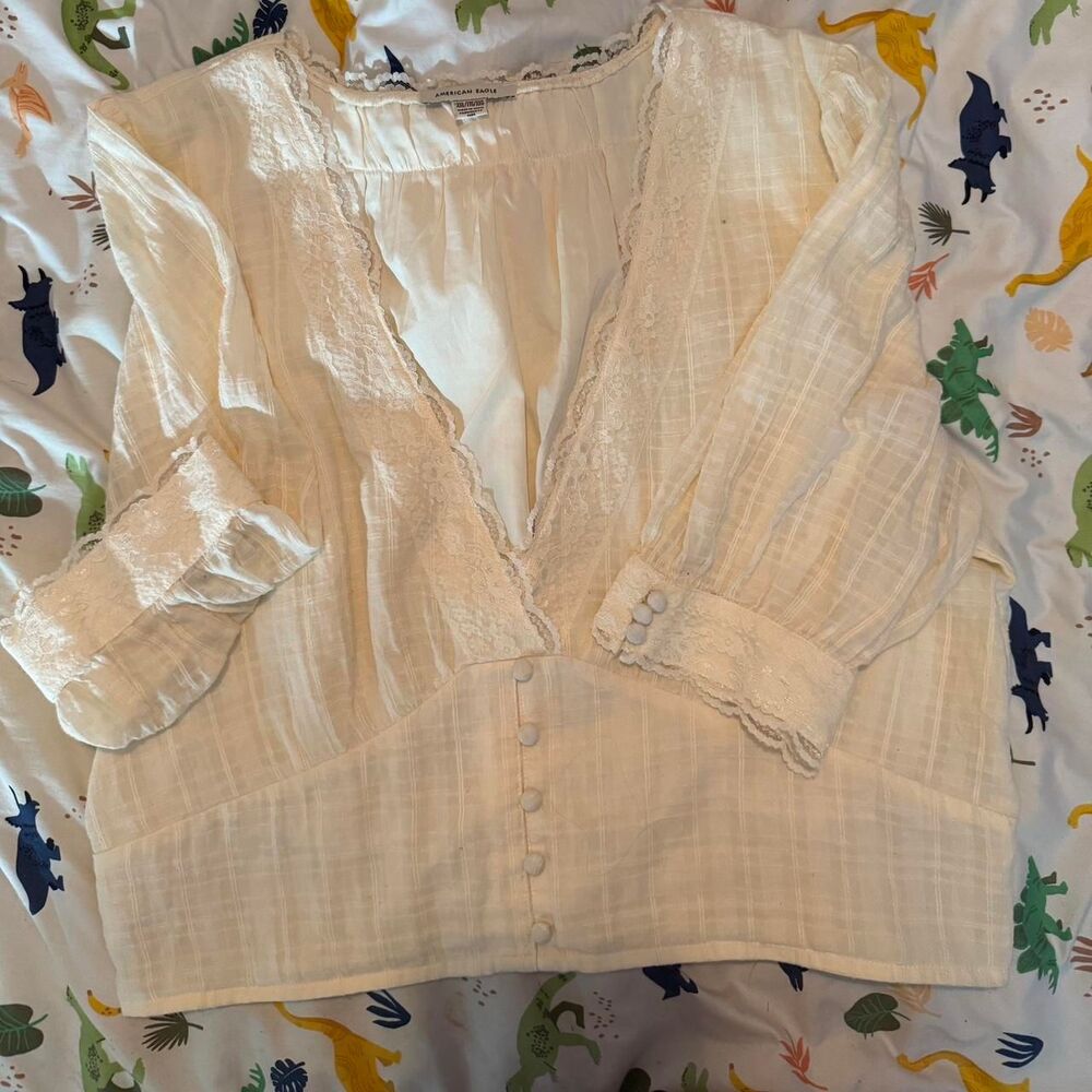 American-eagle Women's Cream and Yellow Blouse